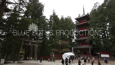 Toshogu Shrine Stone Torii Gate (Ishidorii) and Five Storey Pagoda (Gojunoto) in Nikko