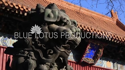 Guardian Lion in front of the Gate of Peace and Harmony (Yonghe Men) in the Lama Temple in Beijing