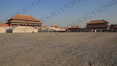 Square of Supreme Harmony, Hall of Supreme Harmony, Pavilion of Embodying Benevolence and Left Wing Gate in the Forbidden City in Beijing