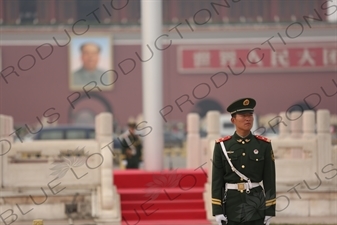 Soldier Standing Guard at the Base of the Flagpole in Tiananmen Square in Beijing