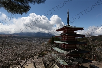 Chureito Pagoda with Fujiyoshida and Mount Fuji in the Background