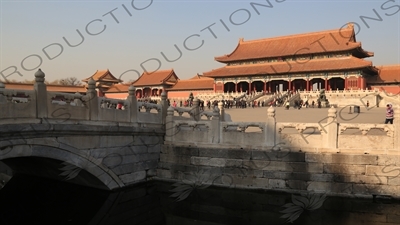 Gate of Supreme Harmony (Taihe Men), the Gate of Correct Conduct and the Inner Golden Water Bridge (Nei Jinshui Qiao) in the Forbidden City in Beijing