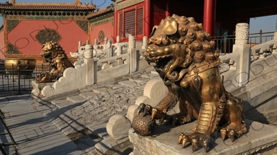 Guardian Lion Statues in front of the Gate of Heavenly Purity (Qianqing Men) in the Forbidden City in Beijing