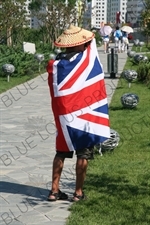 Man Wearing a Union Jack Flag in the Olympic Park/Olympic Green (Aolinpike Gongyuan) in Beijing