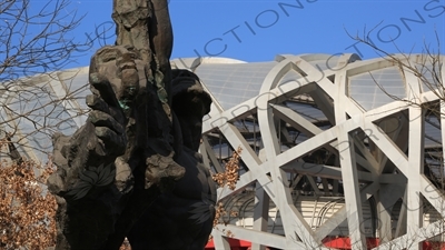 Sculpture in front of the Bird's Nest/National Stadium (Niaochao/Guojia Tiyuchang) in the Olympic Park in Beijing