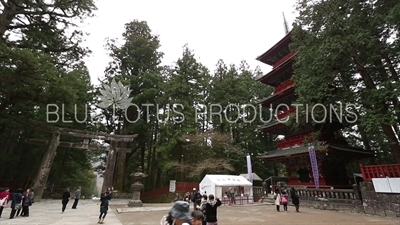 Toshogu Shrine Stone Torii Gate (Ishidorii) and Five Storey Pagoda (Gojunoto) in Nikko