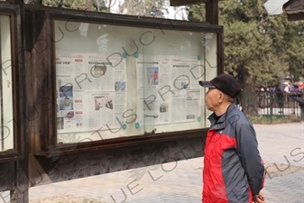 Man Reading a Communal Newspaper near the North Gate of the Temple of Heaven (Tiantan) in Beijing