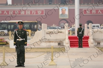 Soldiers Standing Guard at the Base of the Flagpole in Tiananmen Square in Beijing