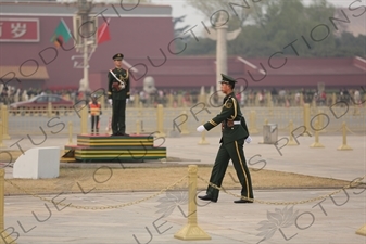 Soldier Standing Guard at the Base of the Flagpole in Tiananmen Square in Beijing