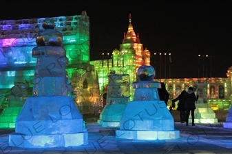 Ice Sculptures of Giant Chess Pieces at the Harbin Ice and Snow Festival in Harbin