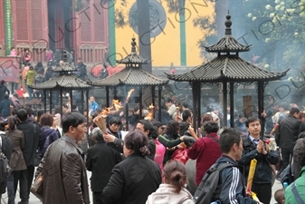 People Burning Incense in Lingyin Temple (Lingyin Si) beside West Lake (Xihu) in Hangzhou