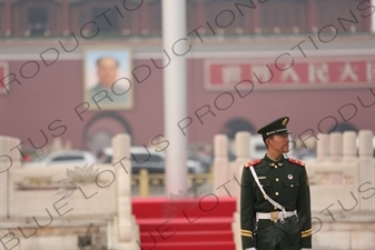 Soldier Standing Guard at the Base of the Flagpole in Tiananmen Square in Beijing