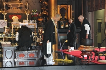 Monks Cleaning the Hondo in Zenko-ji in Nagano