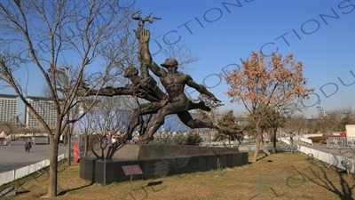 Sculpture in front of the Bird's Nest/National Stadium (Niaochao/Guojia Tiyuchang) in the Olympic Park in Beijing