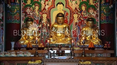 Statues of the Three Buddhas/Buddhas of the Past, Present and Future at the Haedong Yonggung Temple (Haedong Yonggungsa) in Busan