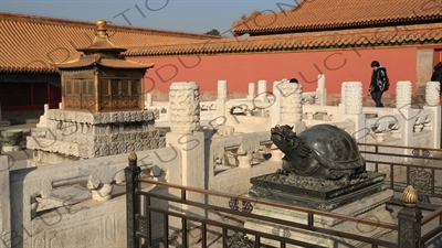 Dragon Turtle (Longgui) Sculpture and Sheji Gilded Pavilion in the Forbidden City in Beijing