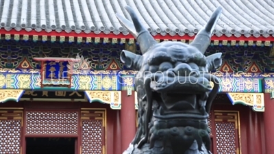 Qilin and Hall of Benevolence and Longevity (Renshoudian) in the Summer Palace in Beijing