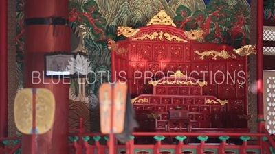 Decorated Fans and Throne in Geunjeong Hall (Geunjeongjeon) at Gyeongbok Palace (Gyeongbokgung) in Seoul