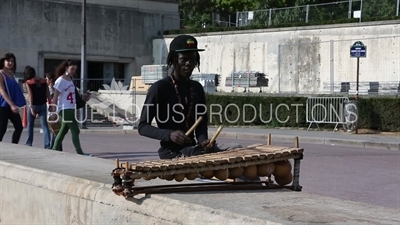 Street Performer Playing a Balafon at the Fountain of Warsaw (Fontaine de Varsovie) in the Gardens of the Trocadero (Jardins du Trocadero) in Paris