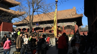 Hall of Peace and Harmony, also known as the Three Buddhas/Hall of the Past, Present and Future Buddhas in the Lama Temple in Beijing