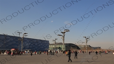 Kites Flying in front of the Beijing National Aquatics Centre/Water Cube and the Beijing National Indoor Stadium/The Fan in the Olympic Park in Beijing