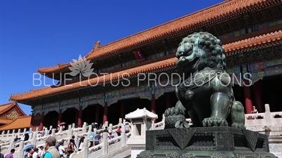 Gate of Supreme Harmony (Taihemen) and Guardian Lion Statue in the Forbidden City in Beijing