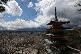 Chureito Pagoda with Fujiyoshida and Mount Fuji in the Background