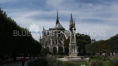 Notre-Dame and Fountain of the Virgin (Fontaine de la Vierge) in Paris