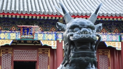 Qilin and Hall of Benevolence and Longevity (Renshoudian) in the Summer Palace in Beijing
