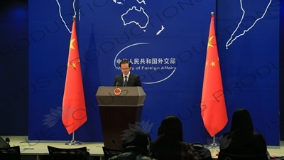 Chinese Ministry of Foreign Affairs Spokesman, Hong Lei, Speaking at the Podium in Beijing