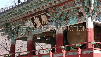 Name Plaque, Drum and Dragon-Headed Fish Hammer in the Bell Pavilion at Beomeosa Temple in Busan